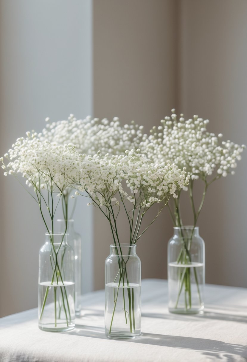 A collection of delicate Baby’s Breath flower stems arranged in clear glass vases on a neutral surface.