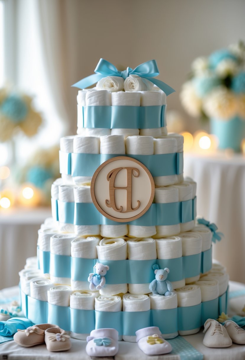 A three-tier diaper cake decorated with pastel ribbons and a large monogram letter, surrounded by baby items in a softly lit baby shower setting.