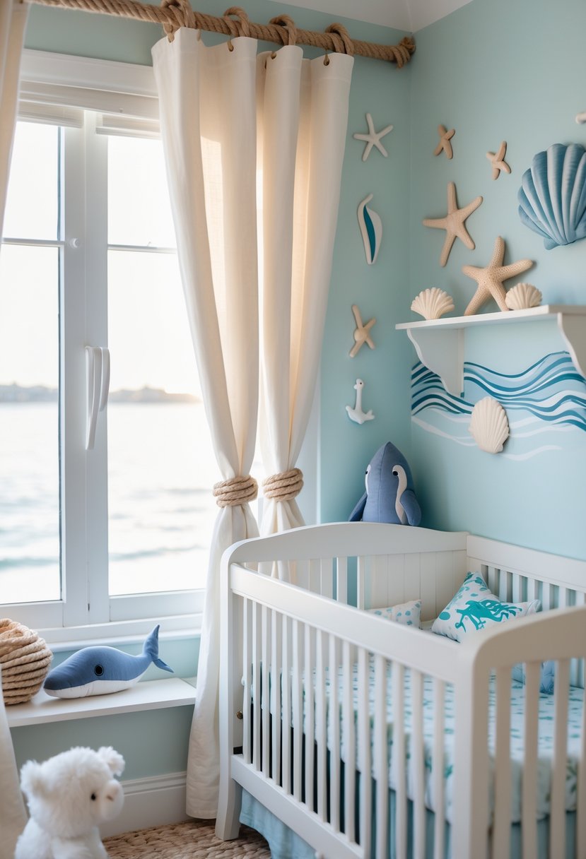 A baby nursery with rope curtain tiebacks, ocean-themed decorations, and soft natural light coming through the window.