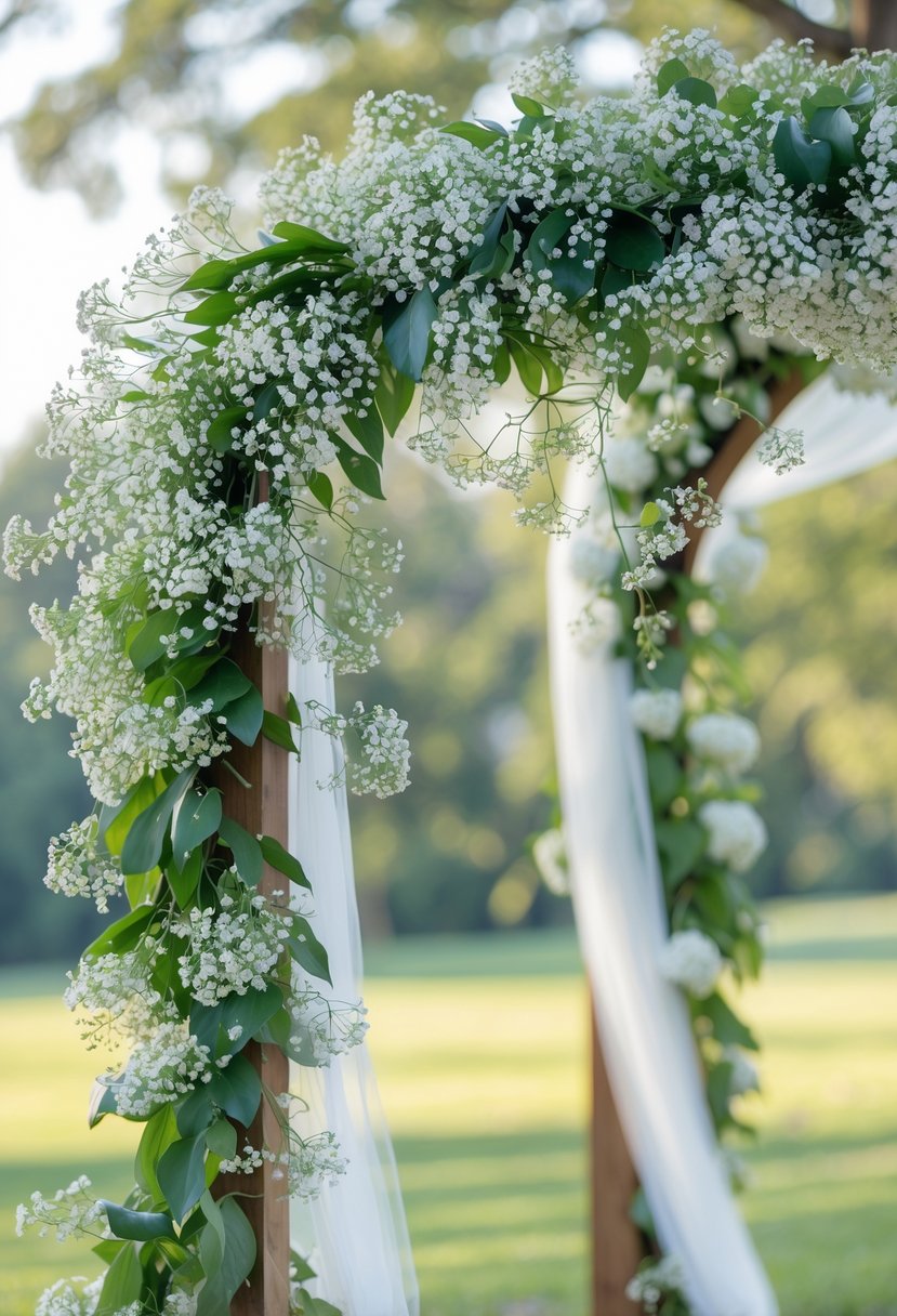 A wedding arch decorated with a lush garland of white Baby’s Breath flowers and green leaves outdoors.