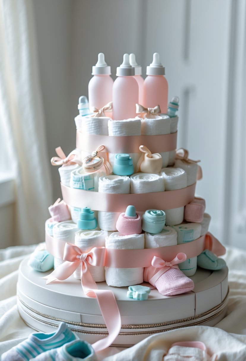 A mini diaper cake made of rolled diapers decorated with baby essentials like bottles, pacifiers, and socks on a white surface.