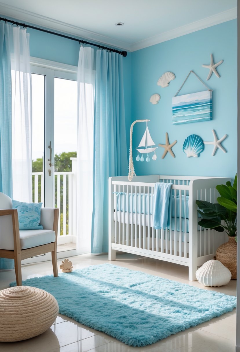 A baby nursery decorated in soft blue and white with a crib, nautical decorations, and natural wood furniture.
