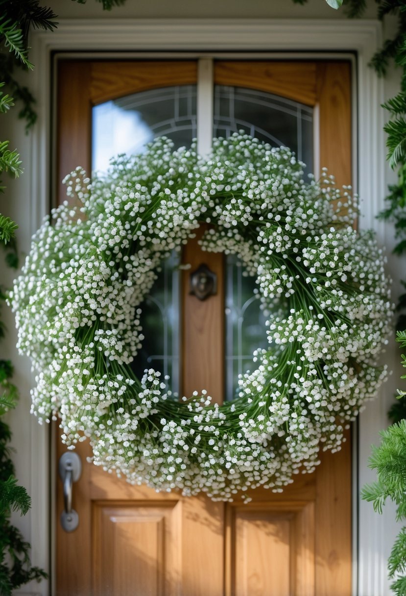 A Baby’s Breath wreath hanging on a wooden front door surrounded by greenery.