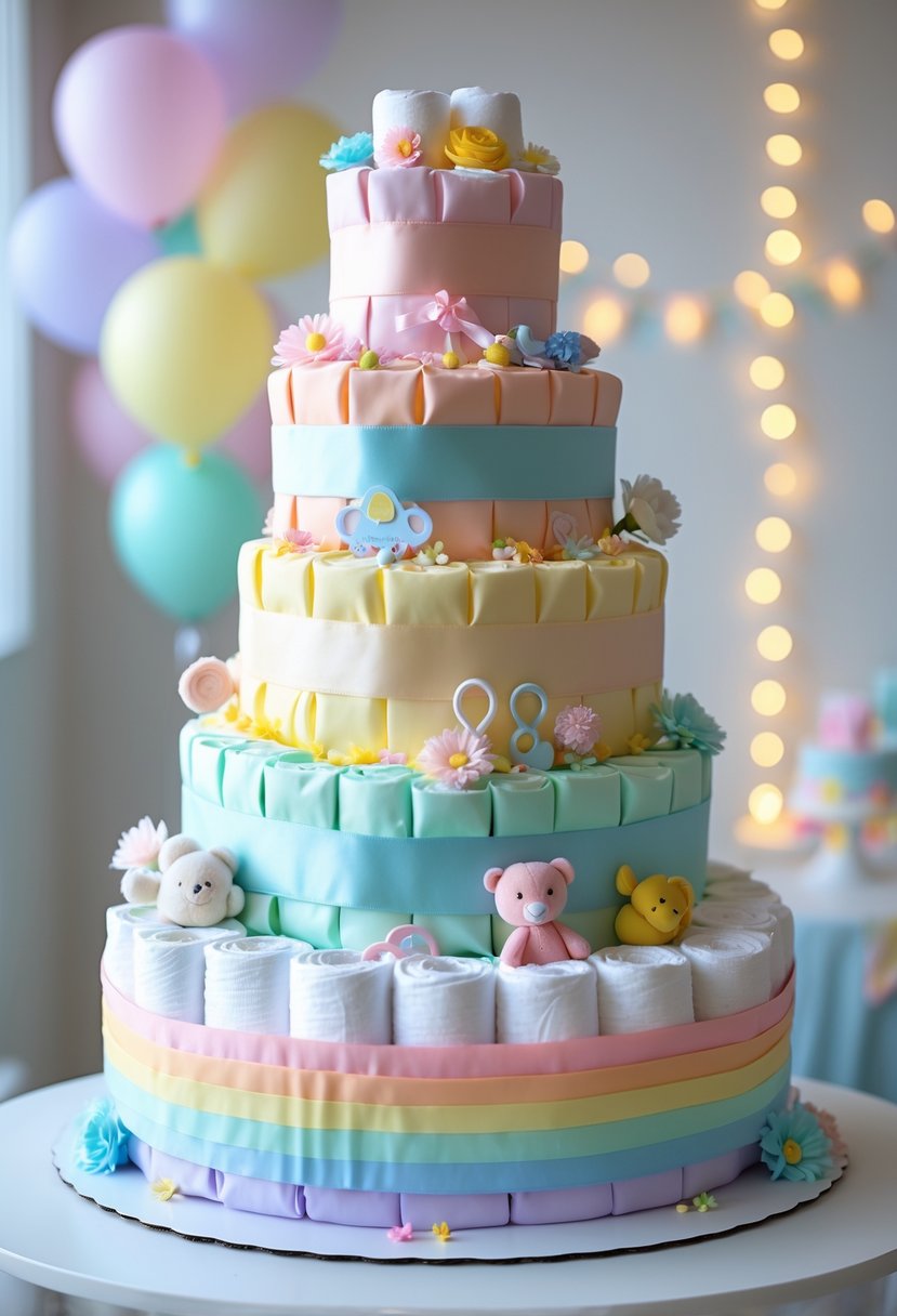 A three-tiered pastel rainbow diaper cake decorated with ribbons and baby accessories on a white table with soft baby shower decorations in the background.