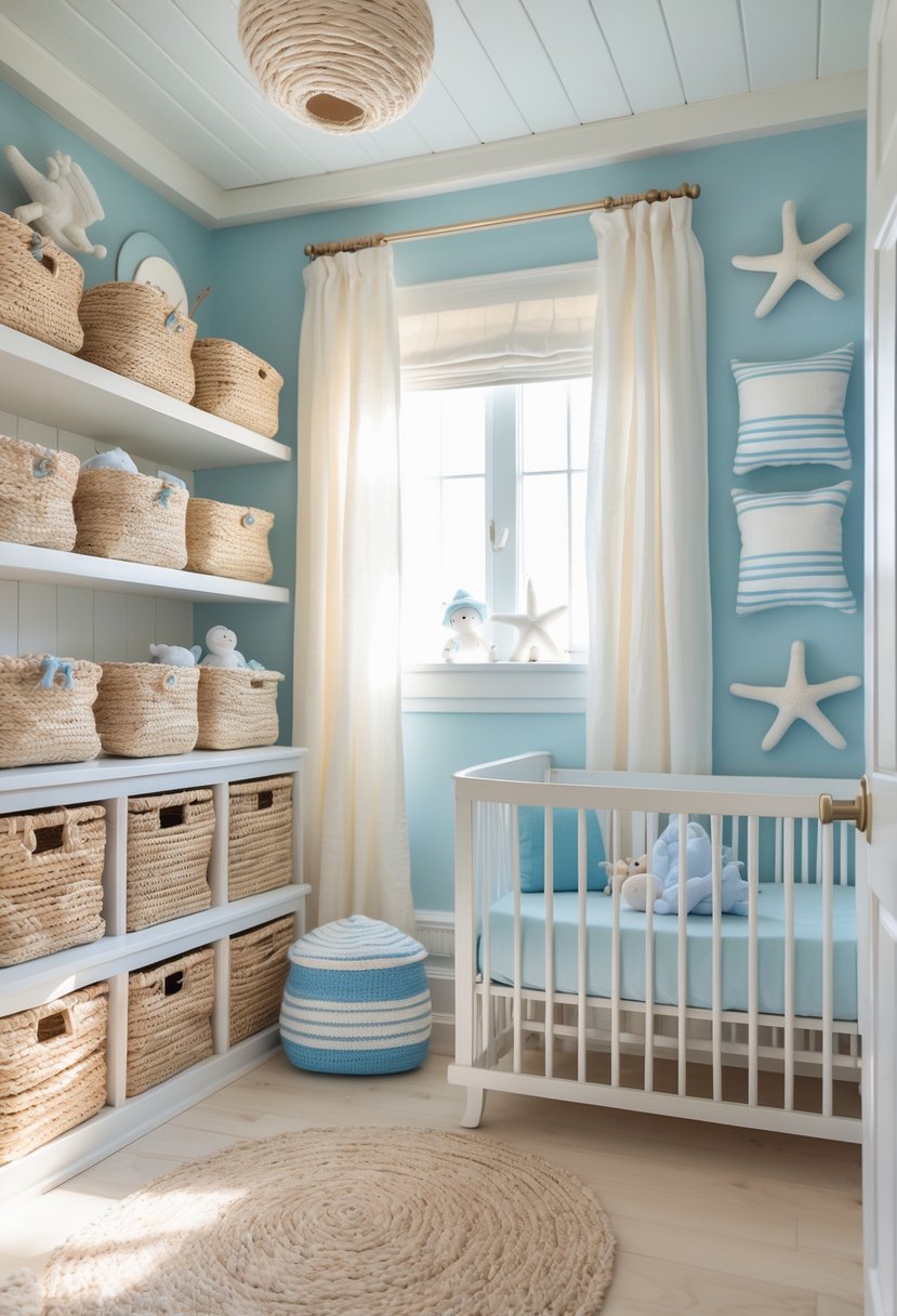 A baby nursery with woven wicker storage baskets on shelves, a crib with a blue blanket, and nautical-themed decorations.