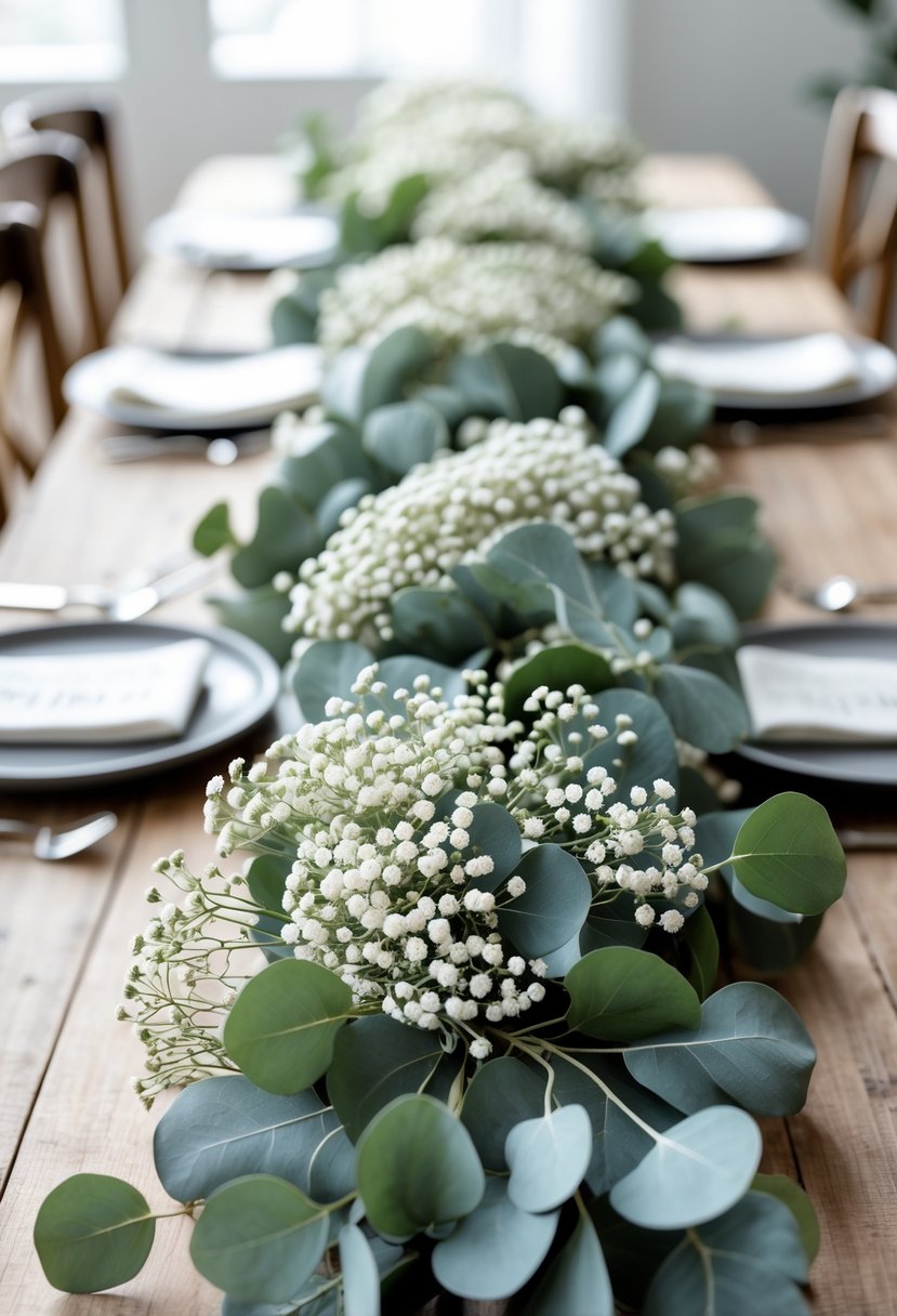 A table runner made of Baby’s Breath flowers and eucalyptus leaves arranged on a wooden table.