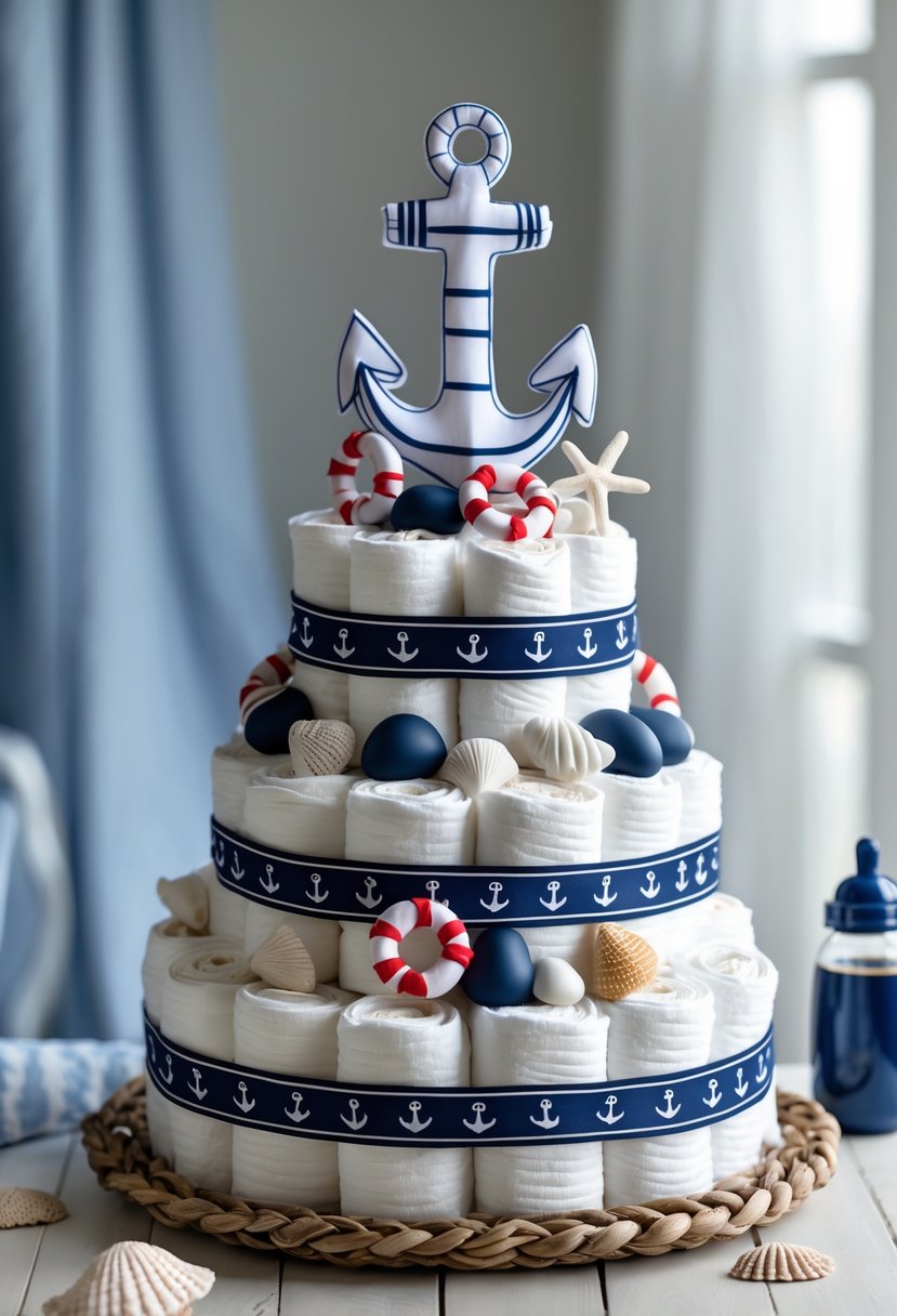 A multi-tiered diaper cake decorated with navy blue ribbons, small sailboats, seashells, and a plush anchor toy on top, set on a white table with nautical decorations.