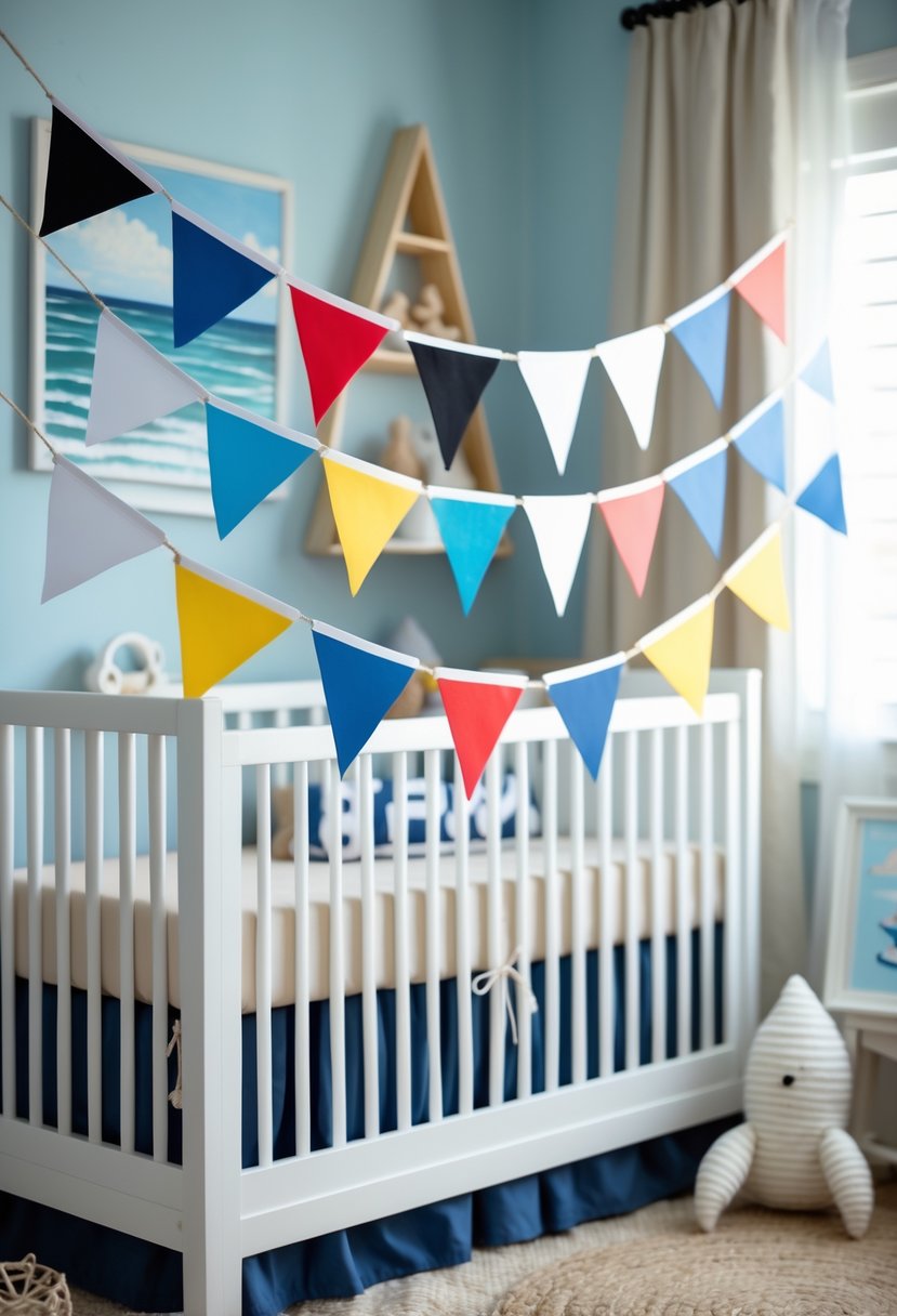 A baby nursery decorated with a colorful nautical signal flag garland hanging above a white crib, featuring coastal-themed decor including seashells, a wooden boat toy, and ocean artwork.