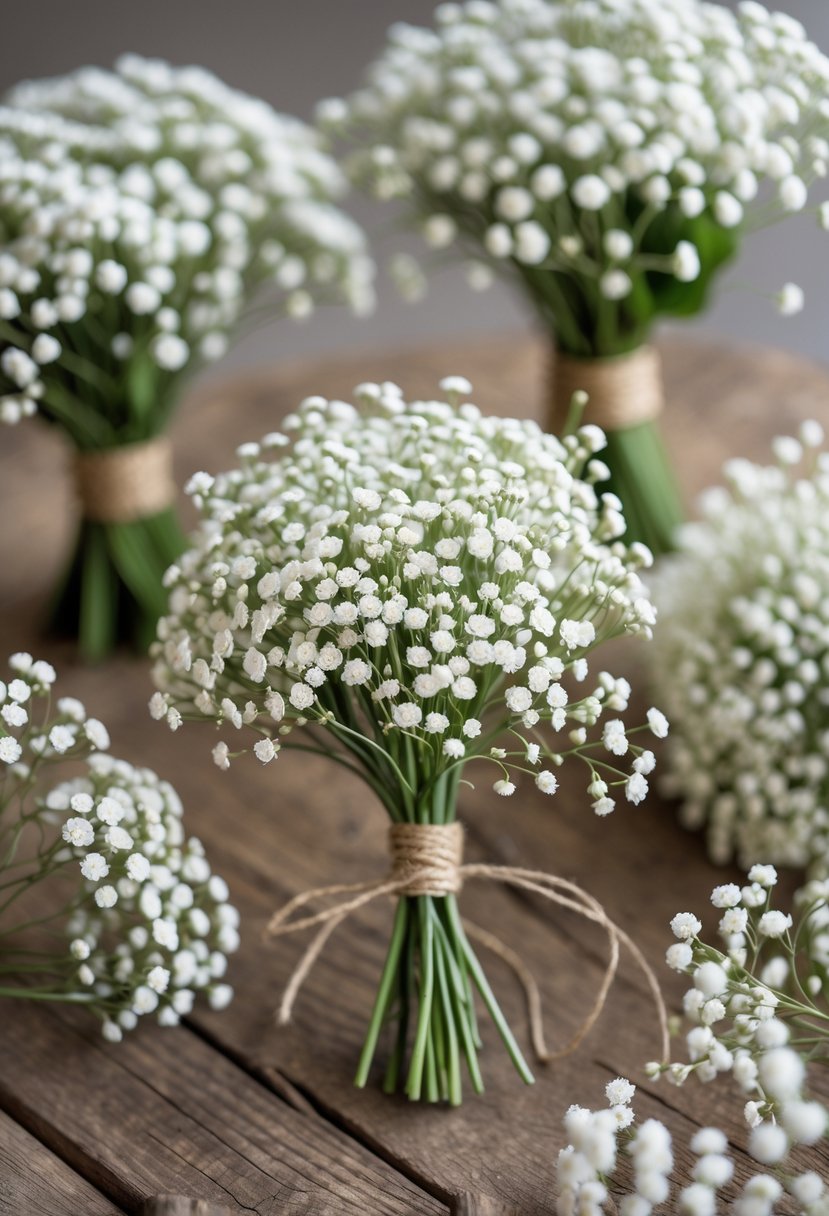 A delicate Baby’s Breath boutonniere and small bouquets arranged on a wooden surface.