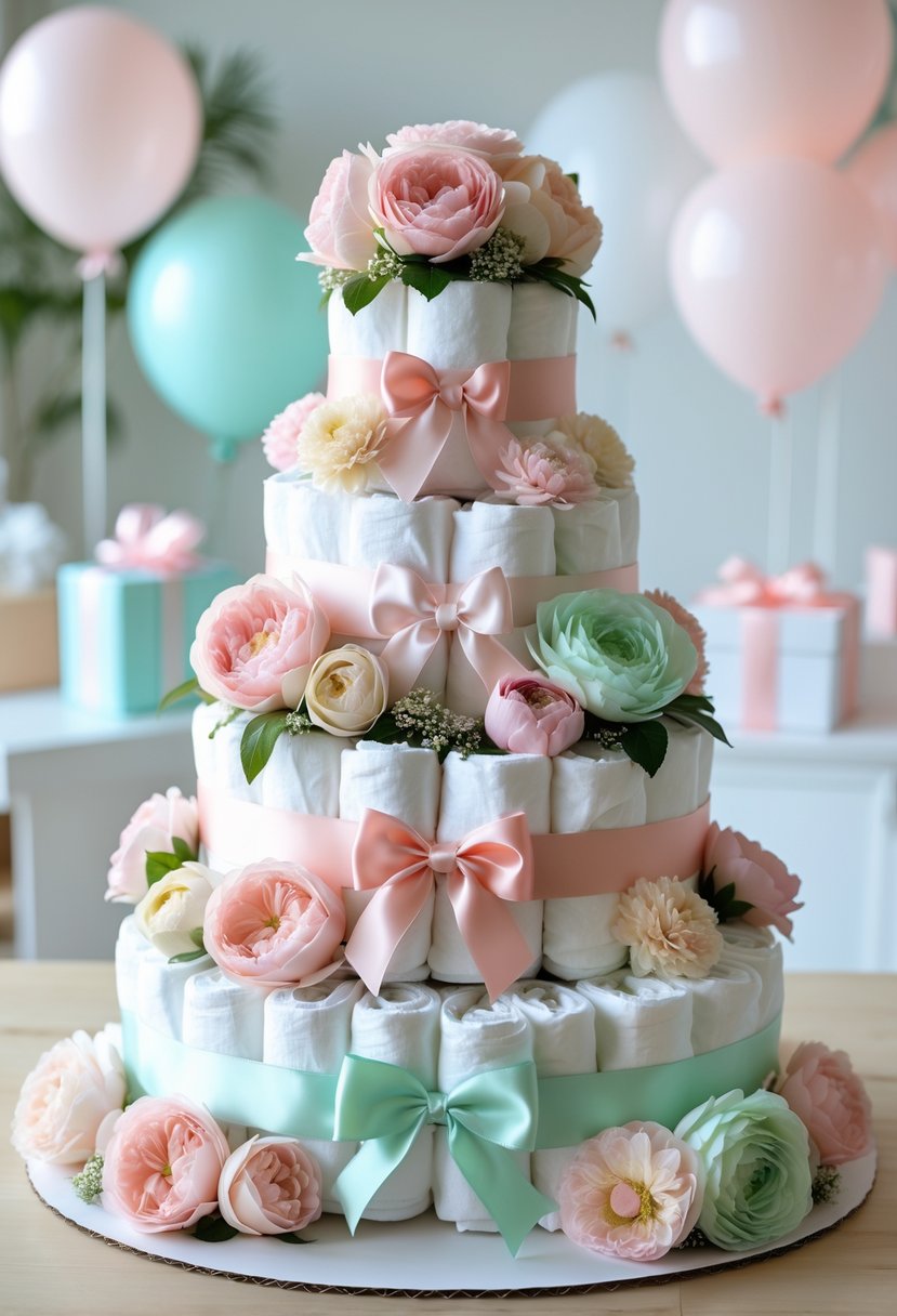 A three-tier diaper cake decorated with pastel flowers and ribbons on a table at a baby shower.