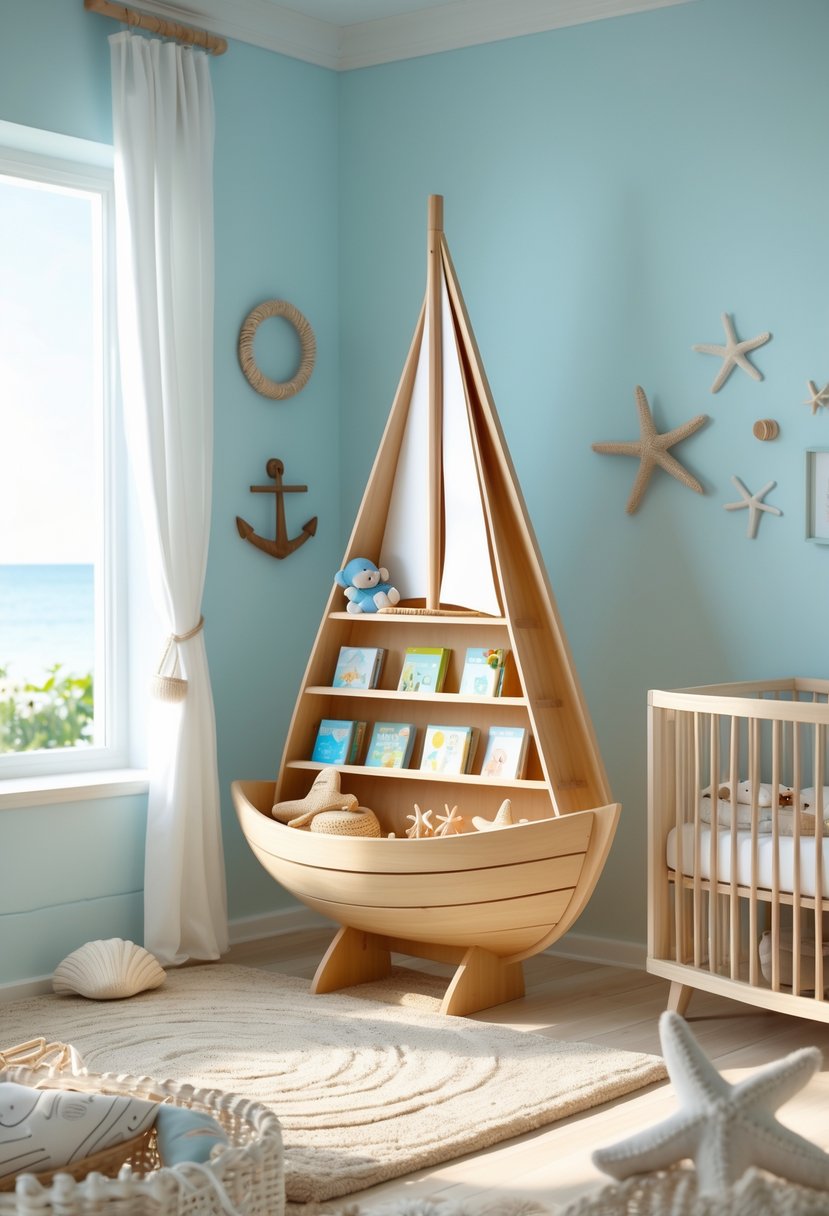 A baby nursery with a boat-shaped wooden bookshelf filled with books and toys, a white crib, and coastal-themed decorations.