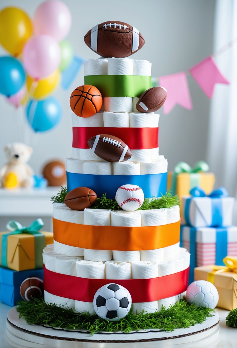 A multi-tiered diaper cake decorated with small sports balls and colorful ribbons, surrounded by baby shower decorations on a white table.
