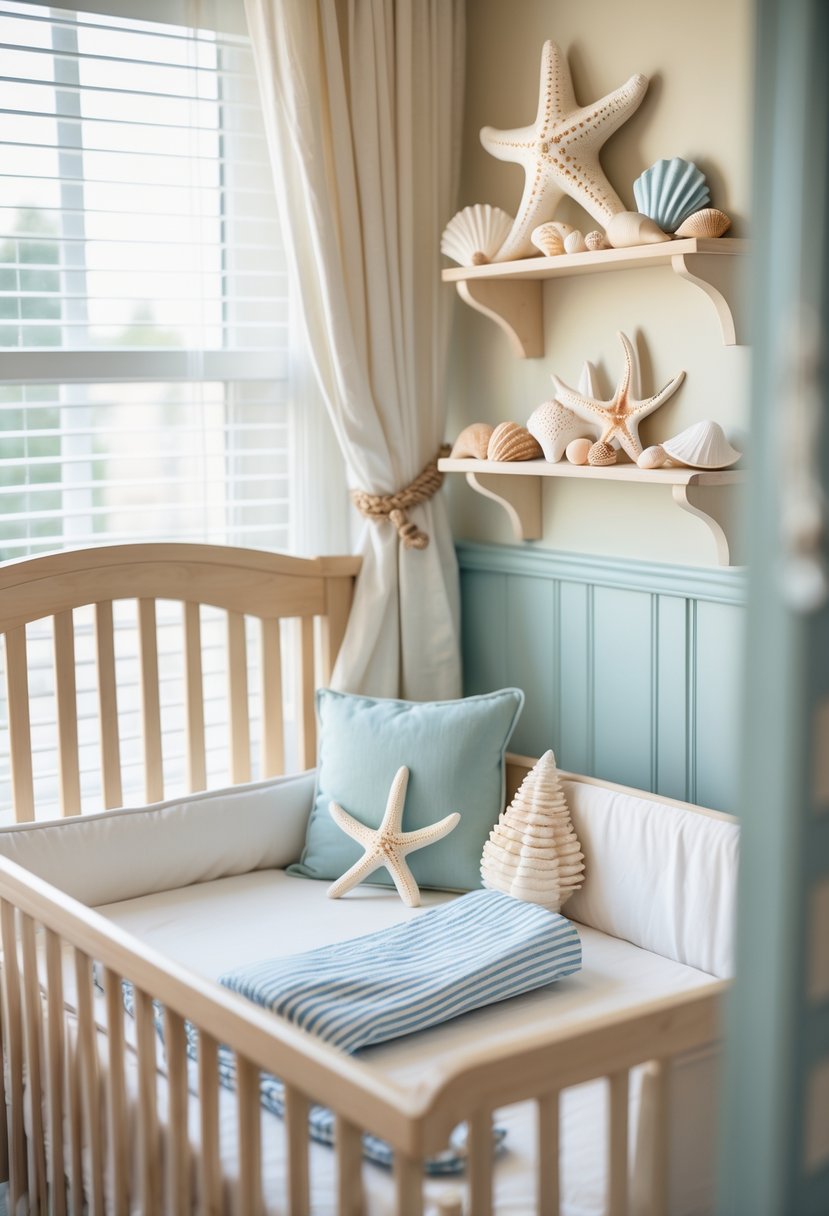 A baby nursery decorated with starfish and seashell accents, featuring a wooden crib, soft linens, and nautical-themed toys.