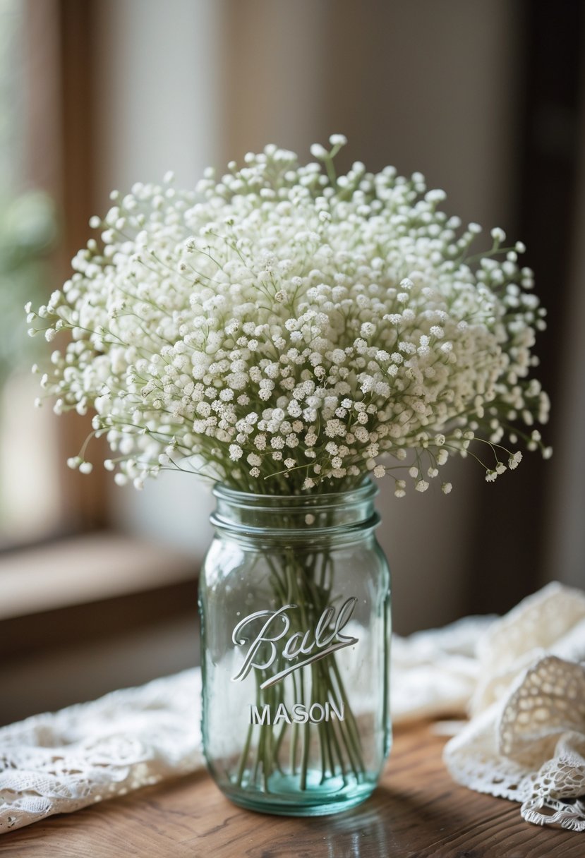 A mason jar filled with white Baby’s Breath flowers placed on a wooden table as a centerpiece.