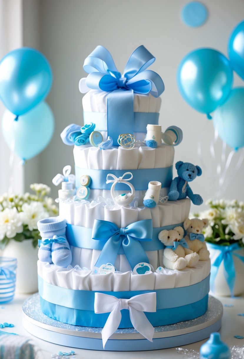 A three-tiered blue and white diaper cake decorated with baby items on a table with baby shower decorations.