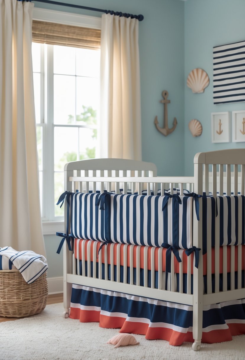 A baby nursery with a crib featuring navy blue and red striped bedding and coastal-themed decorations.