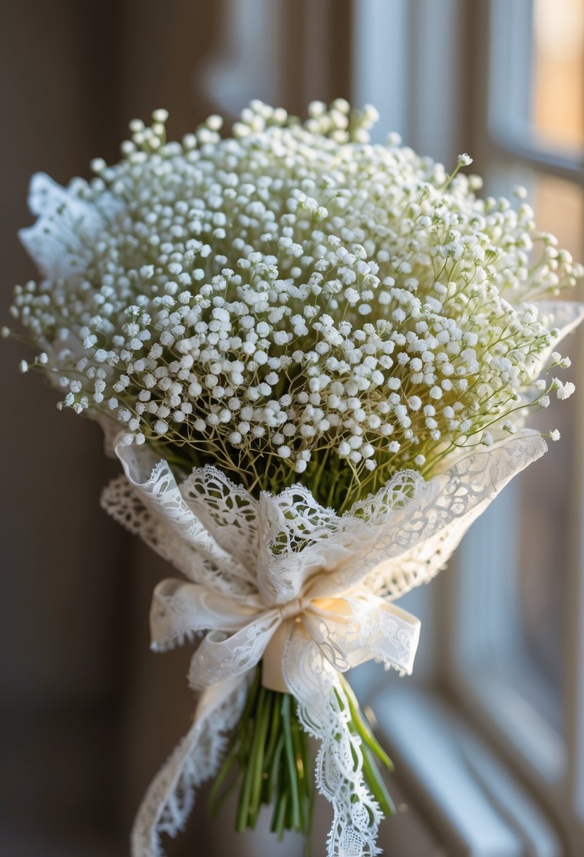 A bouquet of Baby’s Breath flowers wrapped in lace, placed against a softly blurred background.