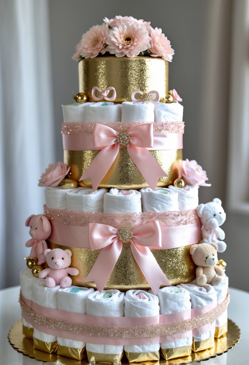 A multi-tiered diaper cake decorated in pink and gold with ribbons and baby-themed decorations on a white surface.