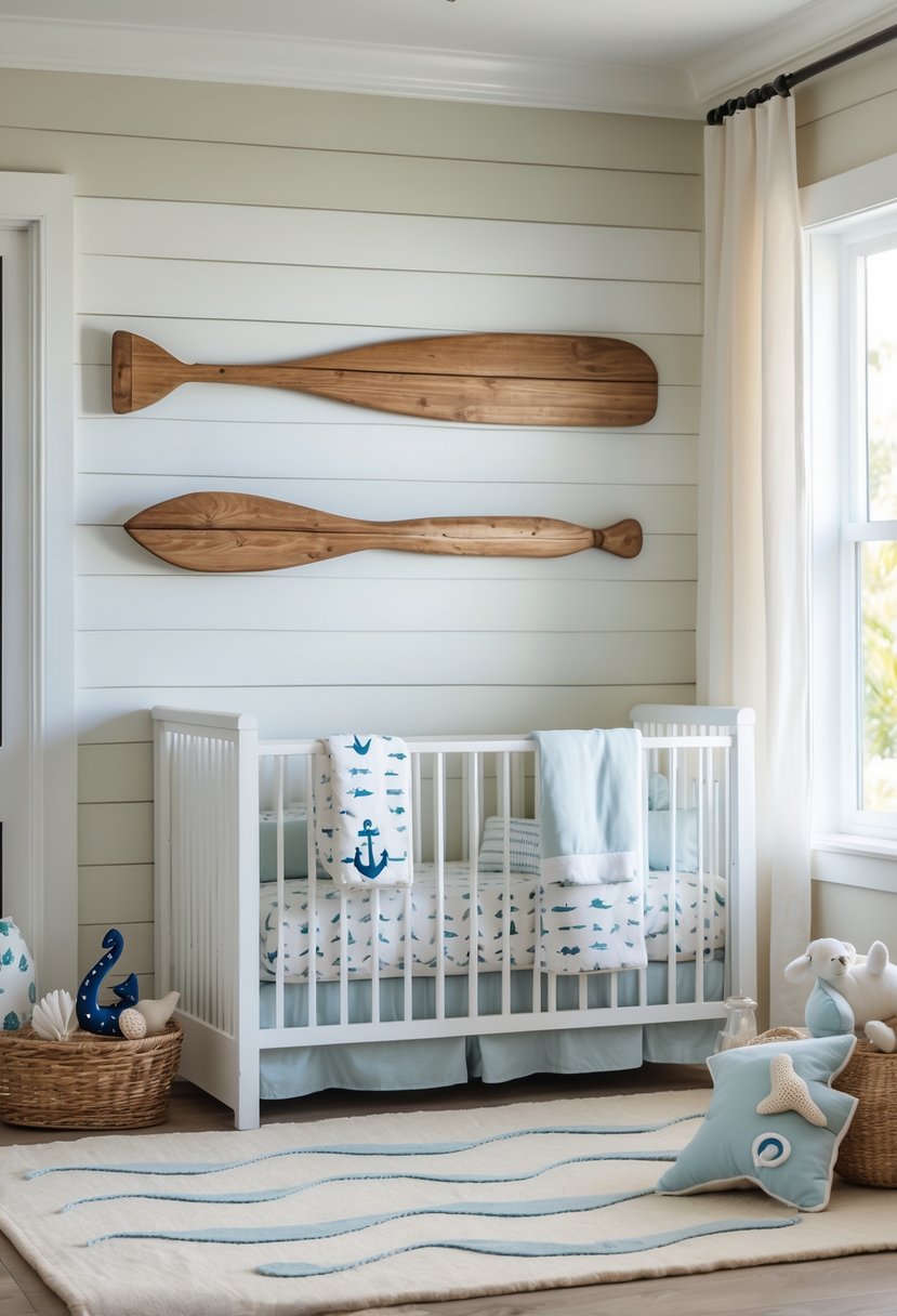 A baby nursery with a white crib and wooden oar wall art mounted on the wall above it, decorated with nautical-themed bedding and soft natural light.
