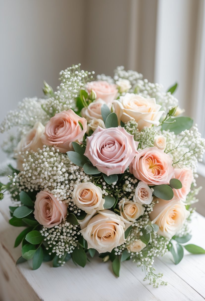 A wedding bouquet with Baby’s Breath and pastel roses resting on a wooden surface.