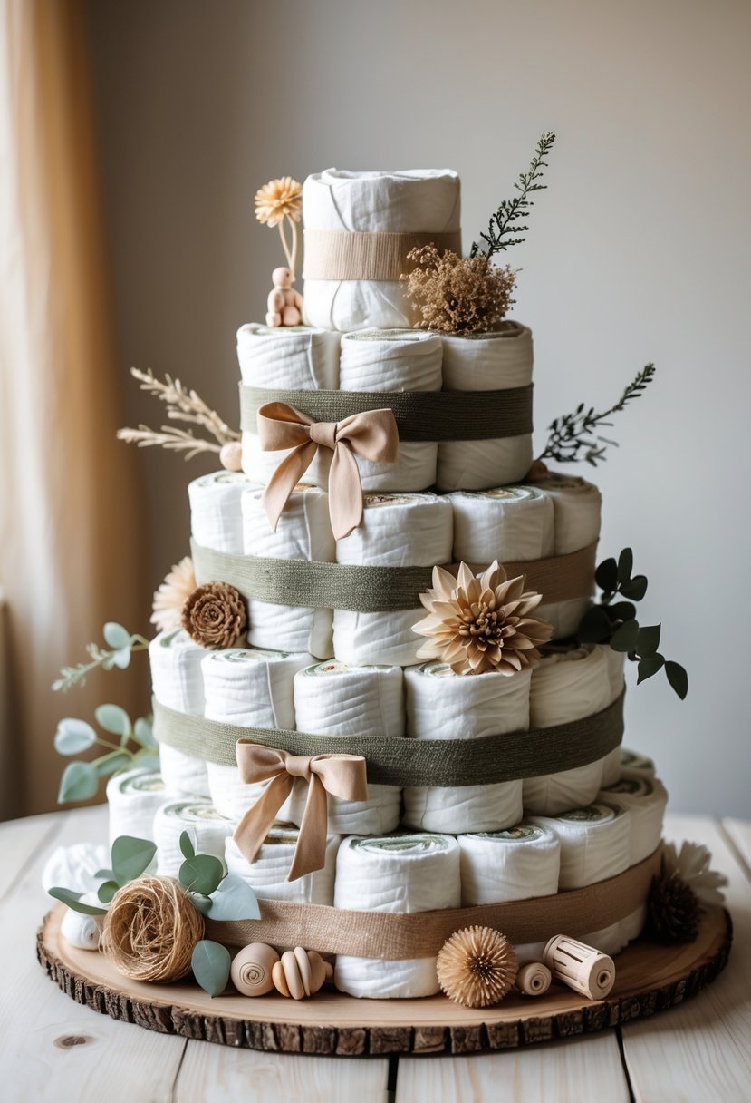 A multi-tiered diaper cake decorated with neutral earth tone diapers, wooden toys, twine bows, and dried flowers on a wooden table.
