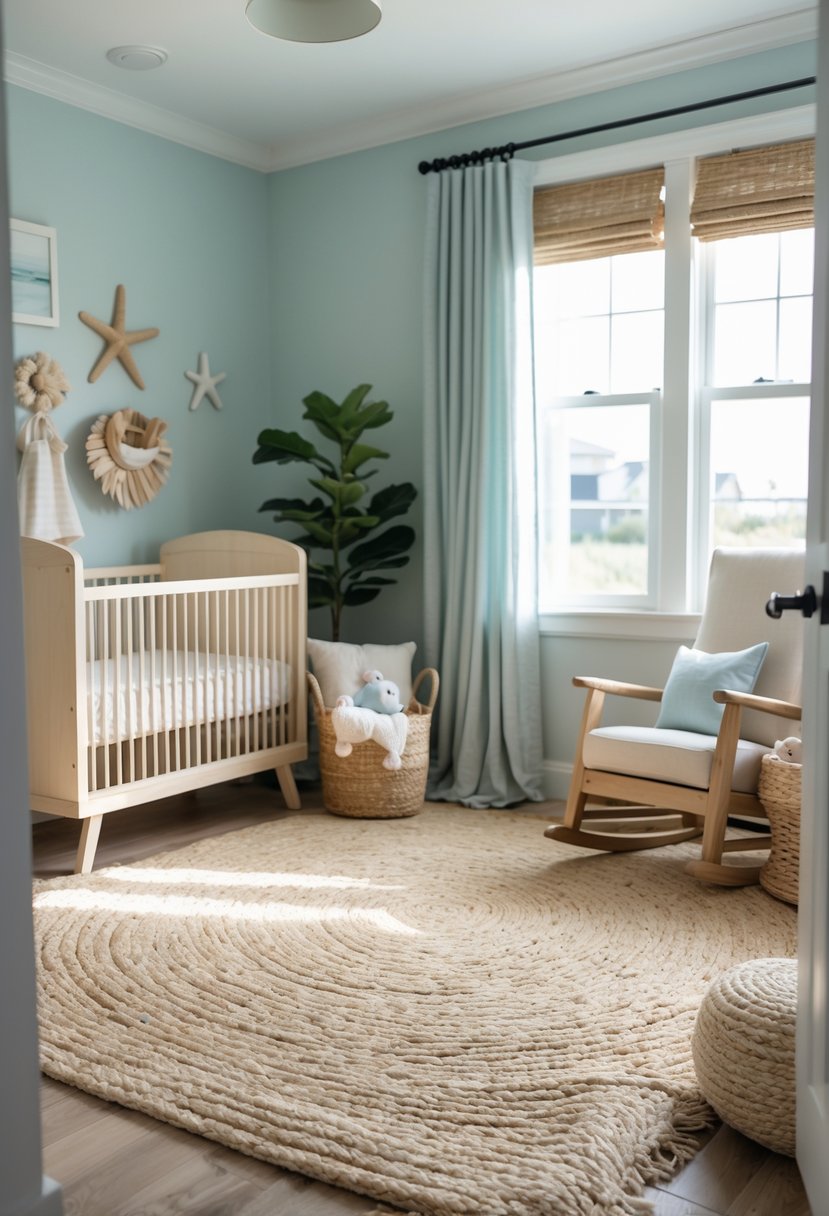 A baby nursery with a jute rug, wooden crib, soft pastel colors, and coastal-themed decorations.