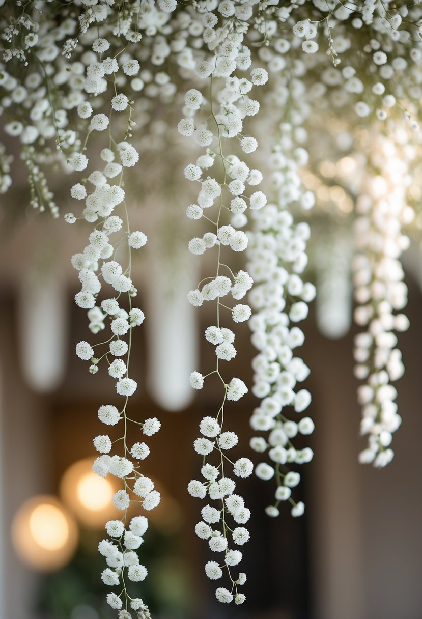 Delicate white Baby’s Breath flowers hanging from the ceiling in a floral installation with soft natural light.