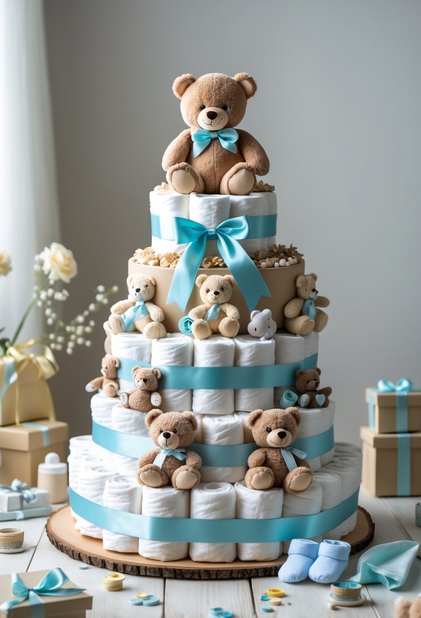 A multi-tiered diaper cake decorated with teddy bear plush toys, ribbons, and baby accessories on a wooden table with baby shower decorations around it.
