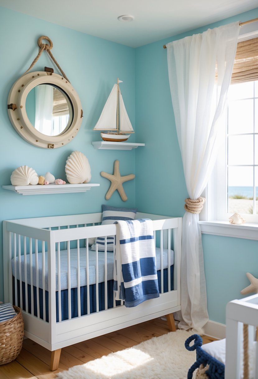 A baby nursery with a porthole-style mirror on the wall, a crib with striped bedding, a wooden sailboat on a shelf, and soft natural light coming through a window.
