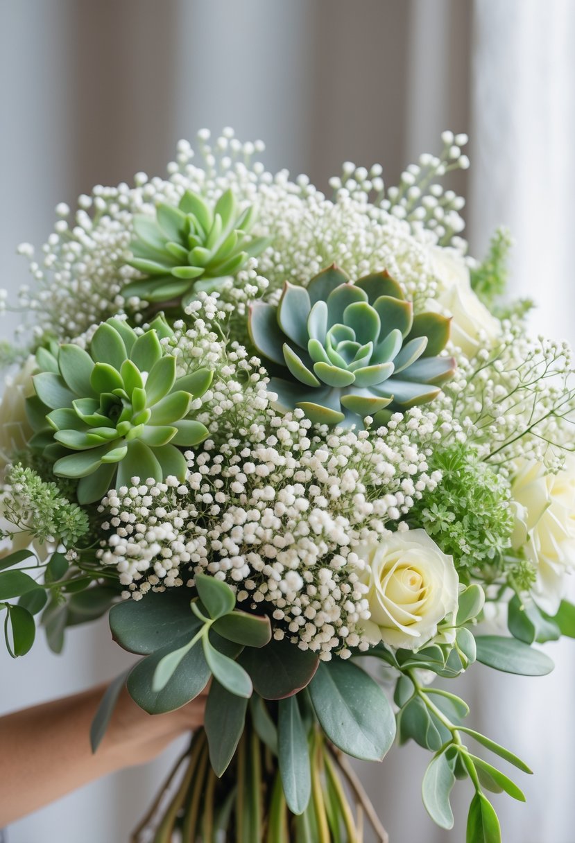 A wedding bouquet featuring delicate Baby’s Breath flowers mixed with green succulents against a neutral background.