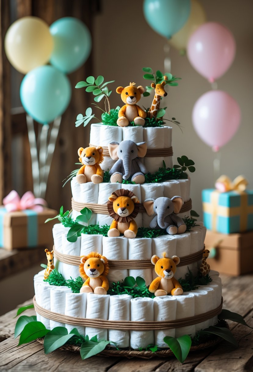 A multi-tiered diaper cake decorated with safari animal plush toys and green leaves on a wooden table, surrounded by baby shower decorations.