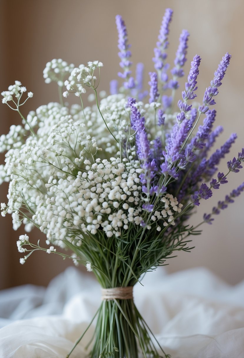 A bouquet of white Baby’s Breath flowers mixed with light purple lavender sprigs against a softly blurred background.