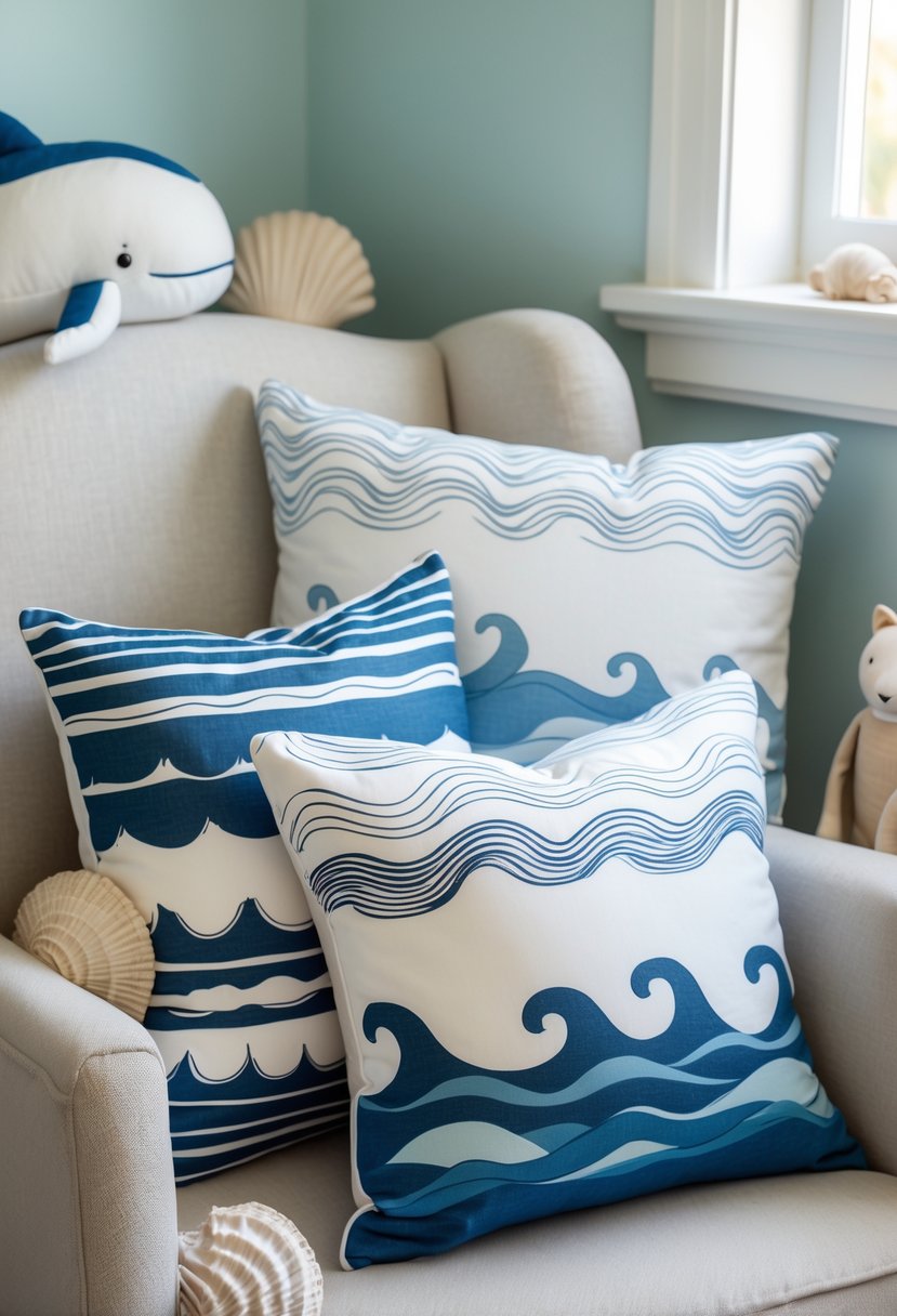 A nursery corner with ocean wave patterned throw pillows on a chair surrounded by nautical baby room decorations.