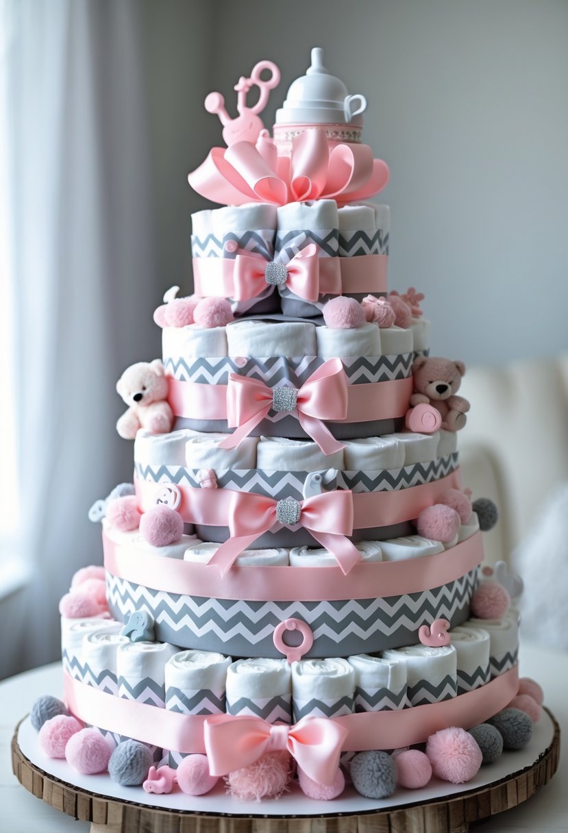 A multi-tiered diaper cake decorated with pink and gray chevron ribbons and baby accessories on a neutral background.