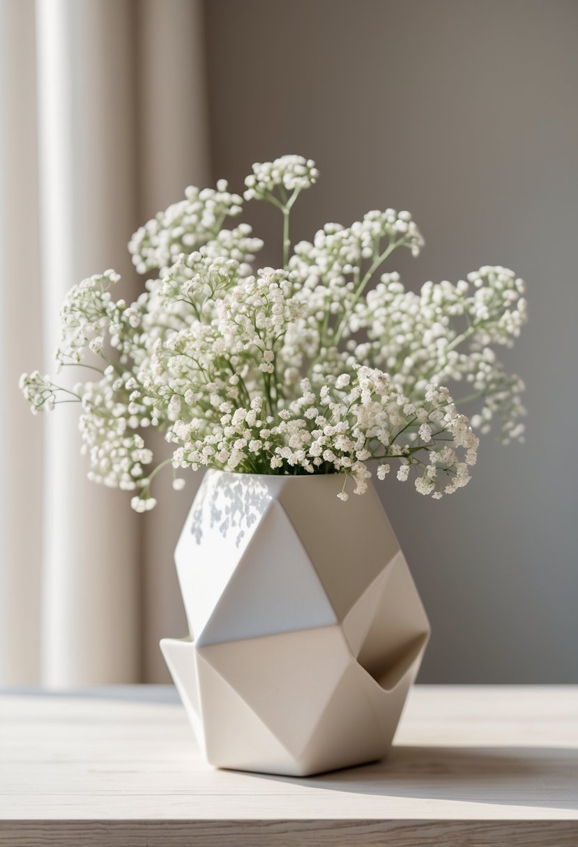 A modern geometric vase holding a bouquet of white Baby’s Breath flowers on a light wooden surface.