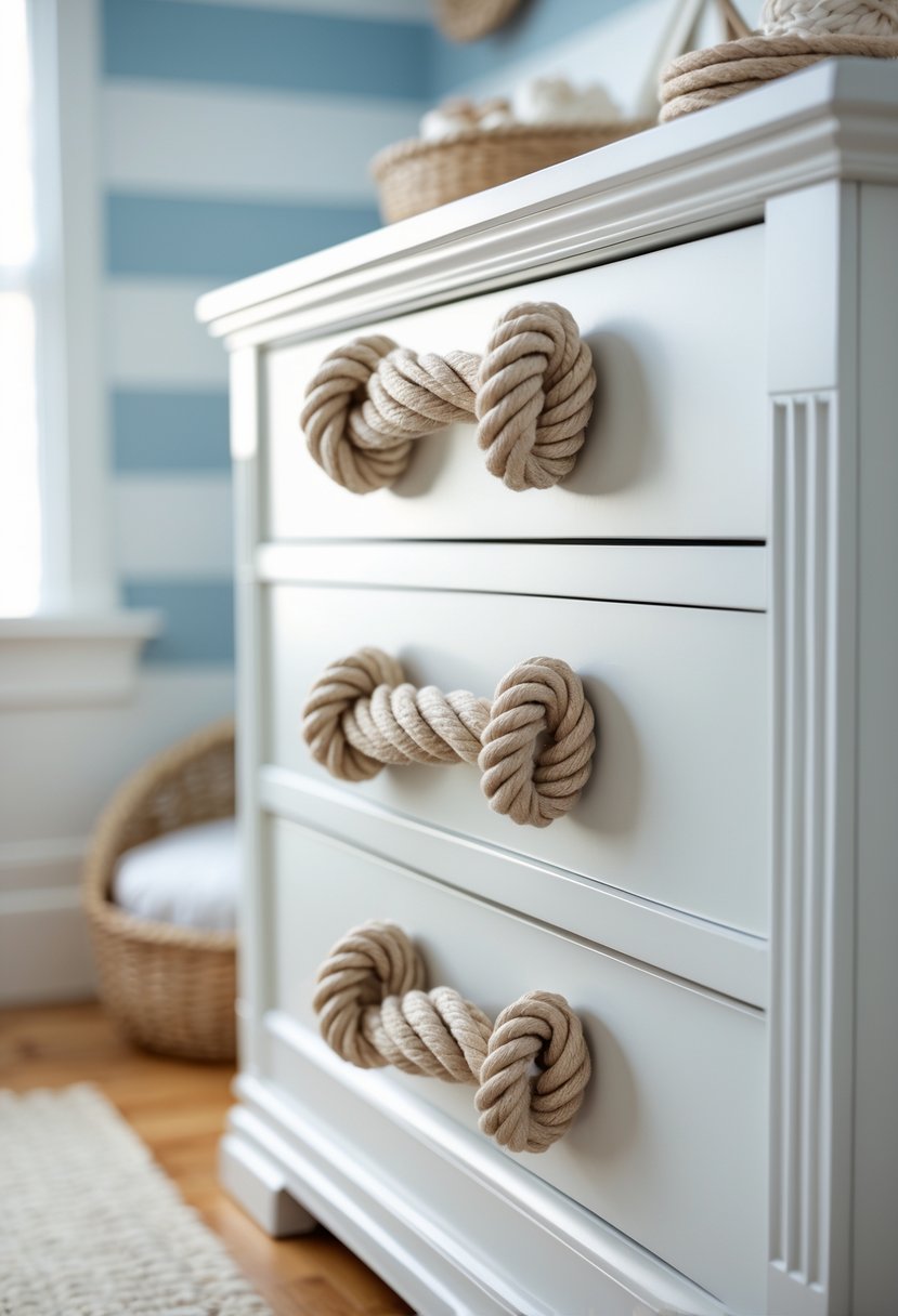 Close-up of sailor knot drawer handles made of rope on a white dresser in a baby nursery with coastal-themed decor.