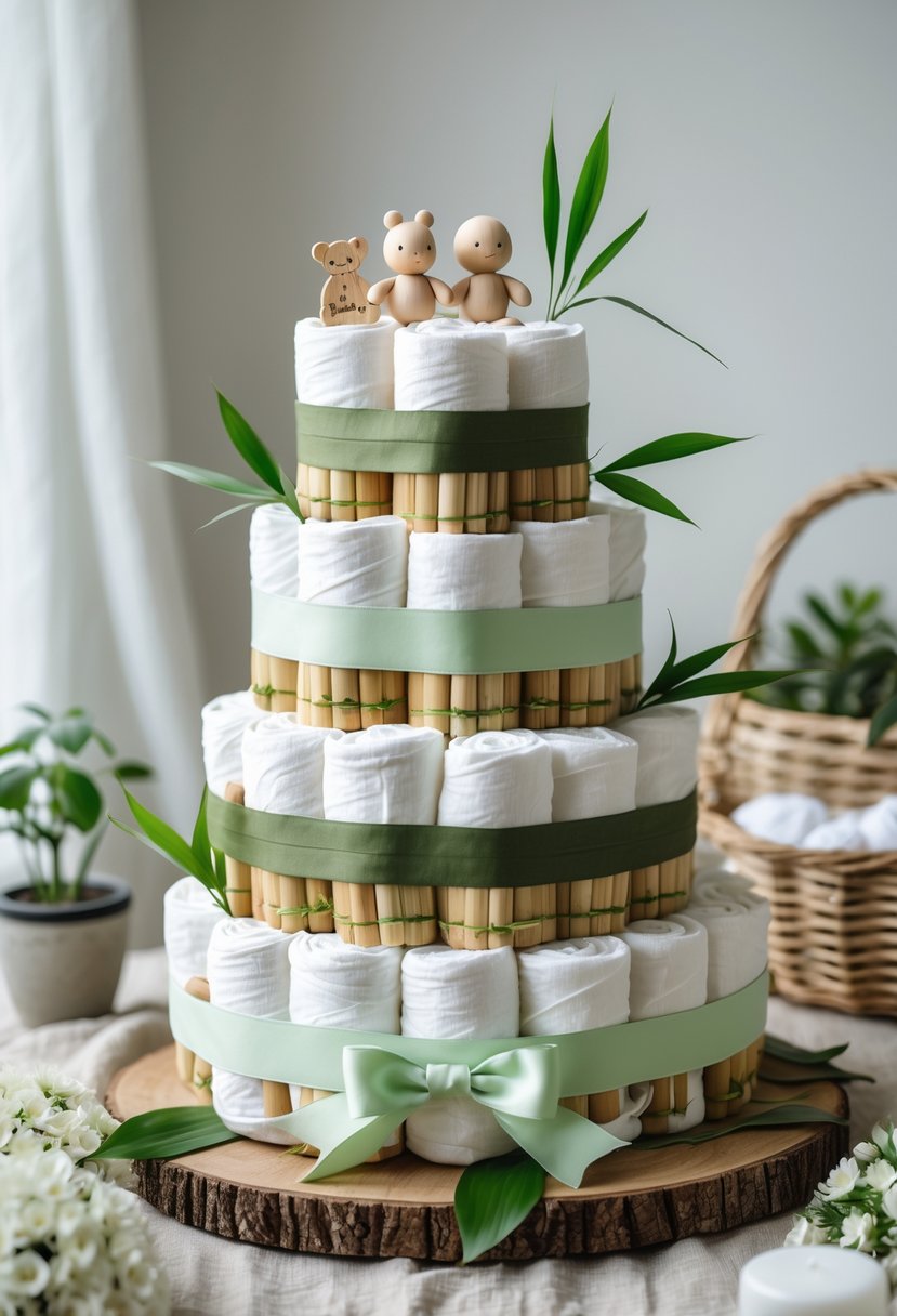 A bamboo diaper cake decorated with green leaves and baby toys on a wooden table, surrounded by baby shower items and flowers.