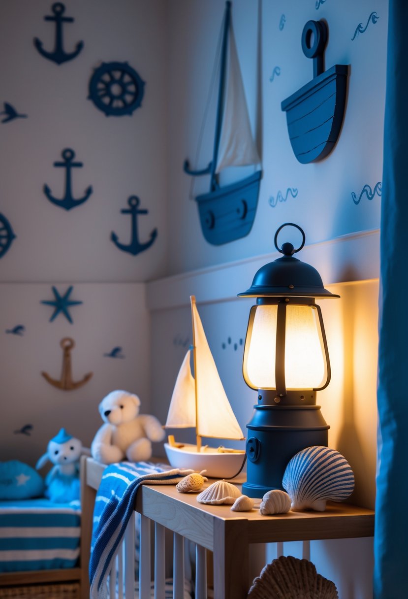 A coastal-themed baby nursery at night lit by a glowing storm lantern with nautical decorations and a crib.