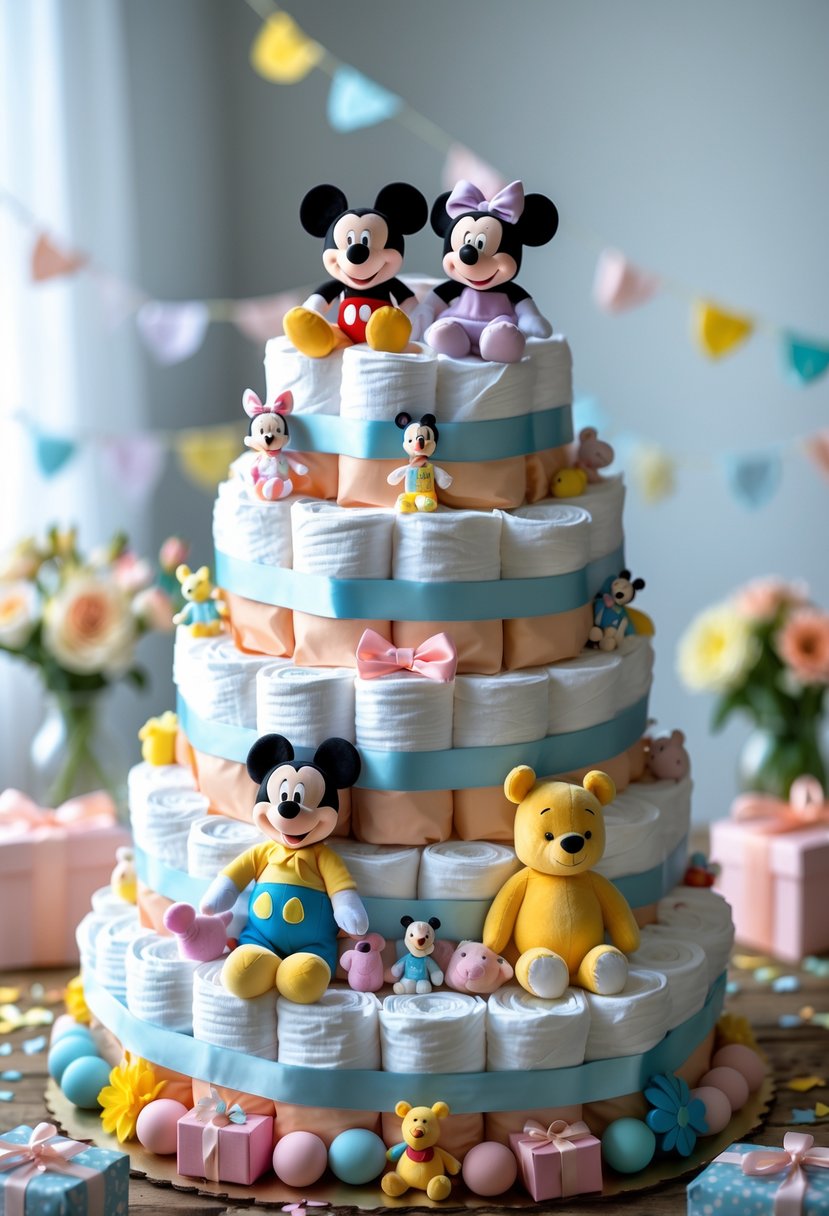 A multi-tiered diaper cake decorated with pastel ribbons and small plush Disney characters on a table with baby shower decorations.