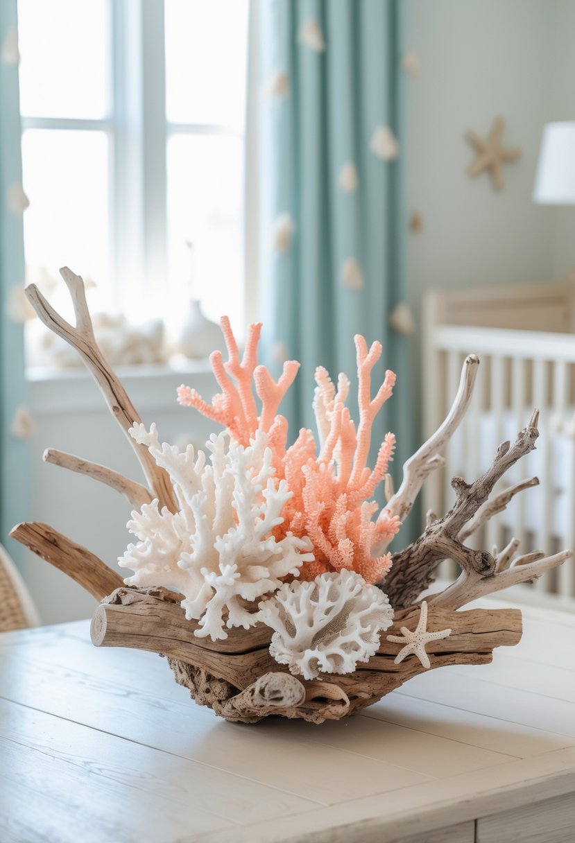 A coral and driftwood centerpiece on a wooden table in a softly lit baby nursery with ocean-inspired decor.