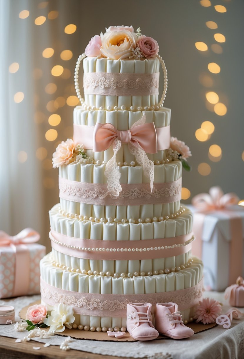 A three-tier diaper cake decorated with vintage ribbons and pearl strands, placed on a table with baby shower decorations around it.