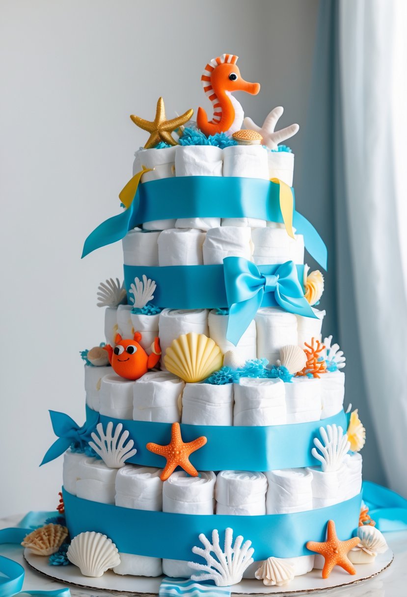 A multi-tiered diaper cake decorated with plush sea creatures, seashells, and blue ribbons, arranged on a white surface.
