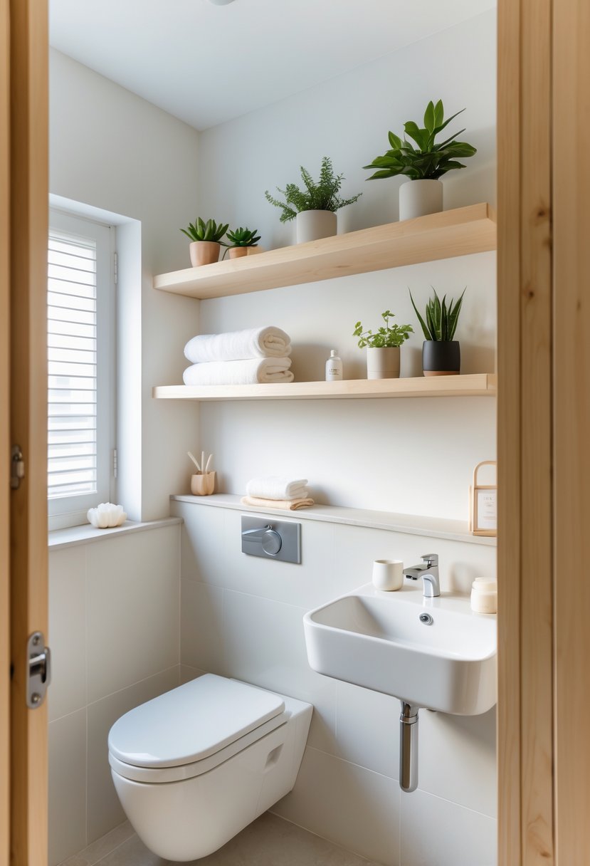 Small bathroom with floating shelves holding plants and towels above a white sink in a compact, tidy space.
