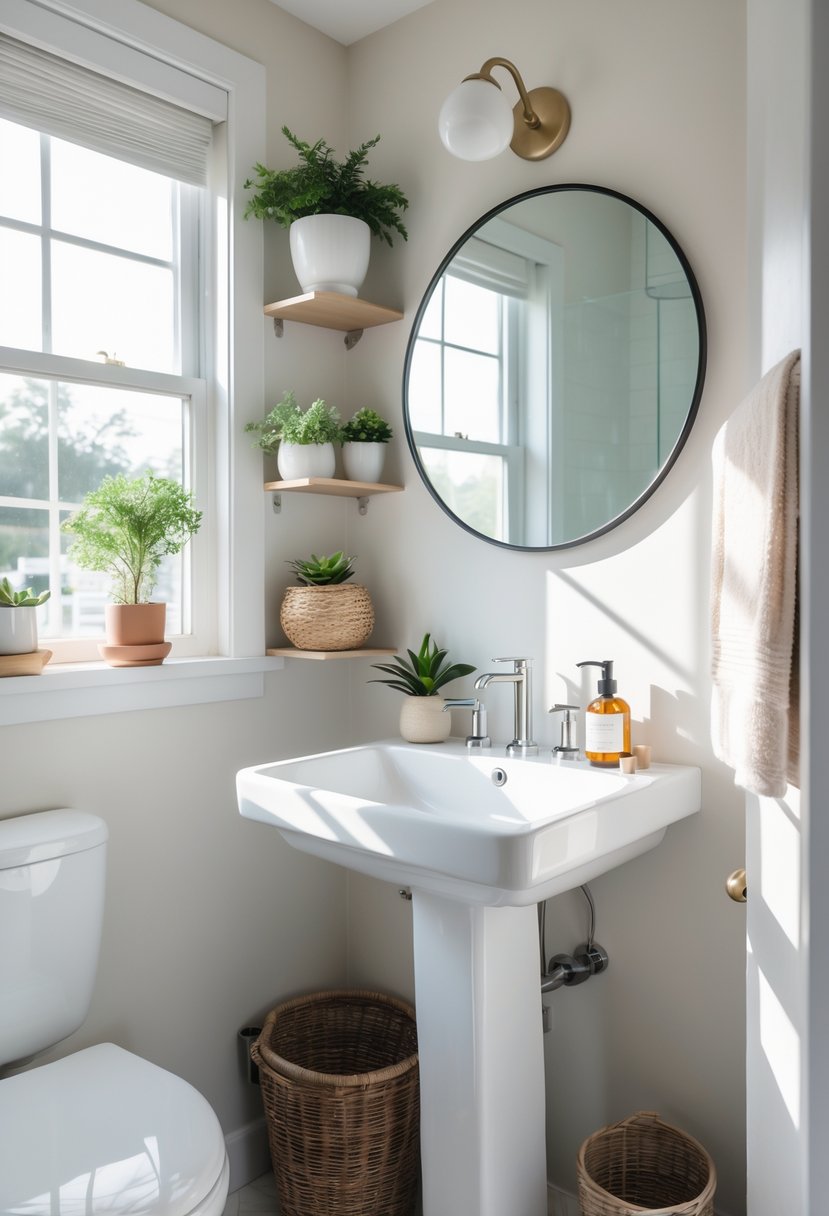 A small bathroom with a white pedestal sink, a round mirror, potted plants, folded towels, and natural light coming through a window.
