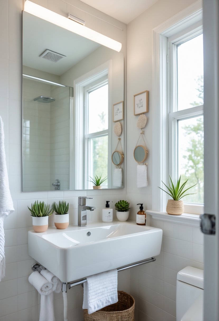 Small bathroom with a large frameless mirror above the sink, decorated with plants and towels, creating a bright and spacious feel.