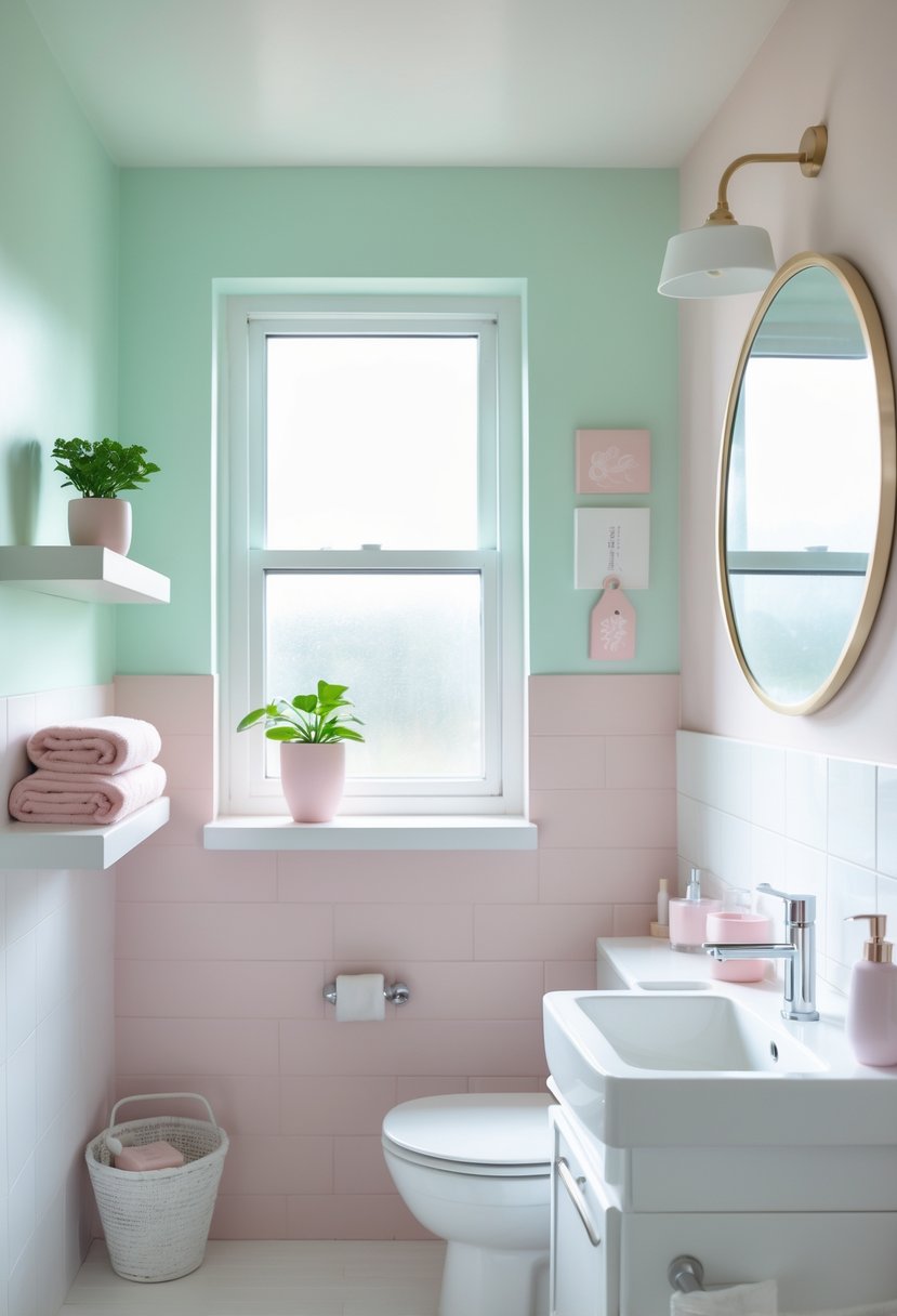 A small bathroom with light pastel colored walls, a round mirror, a floating shelf with a potted plant, folded towels, and natural light coming through a window.