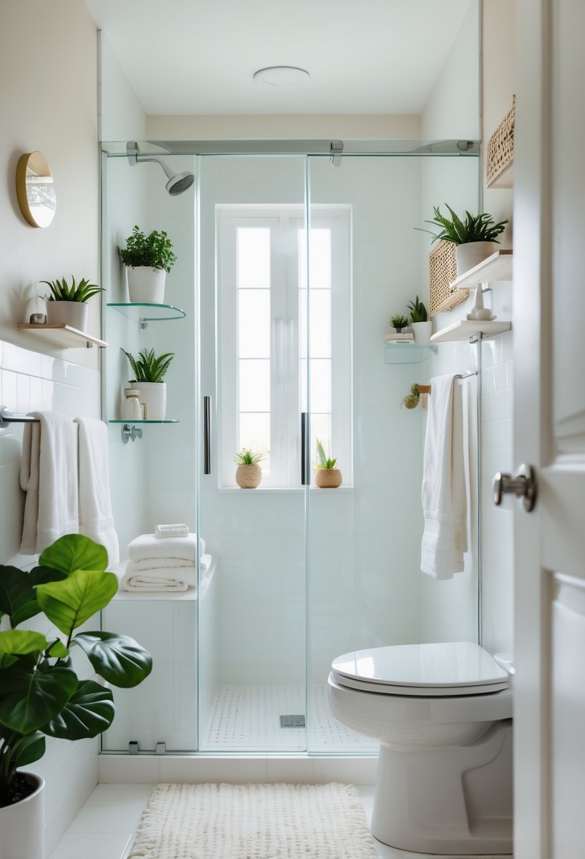 Small bathroom with clear glass shower doors, potted plants, folded towels, and decorative shelves.