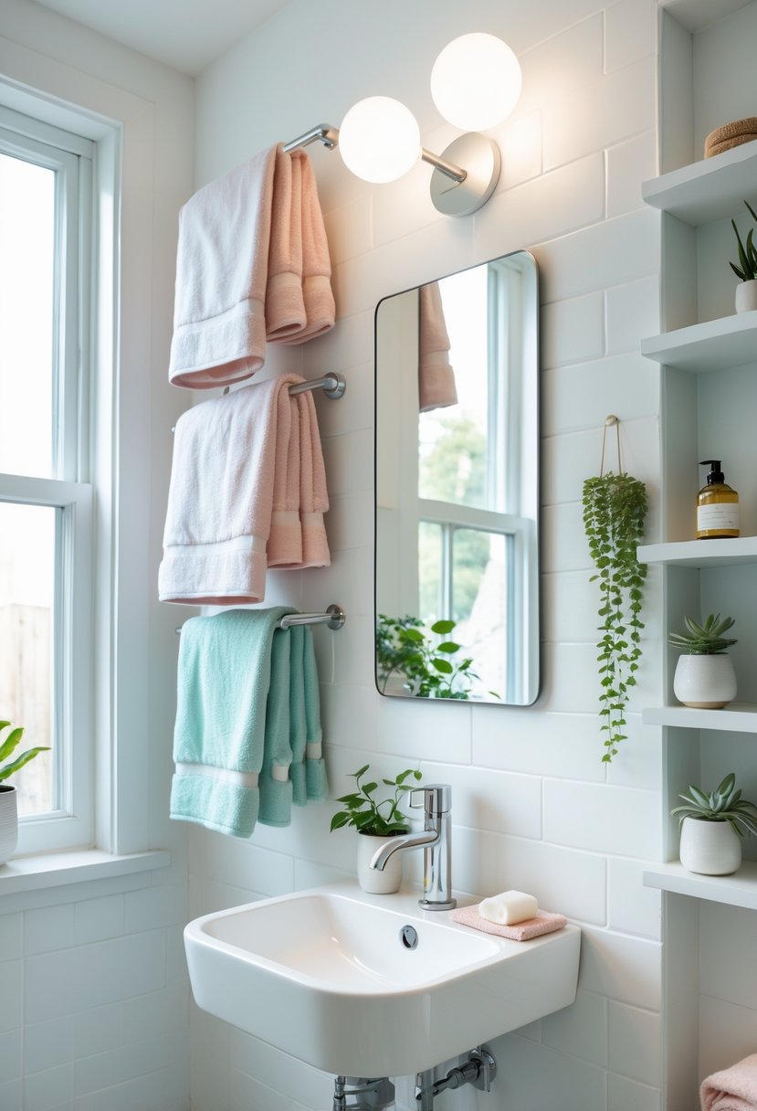 A small bathroom with wall-mounted towel racks holding pastel towels, a white sink, a mirror, and potted plants on shelves.