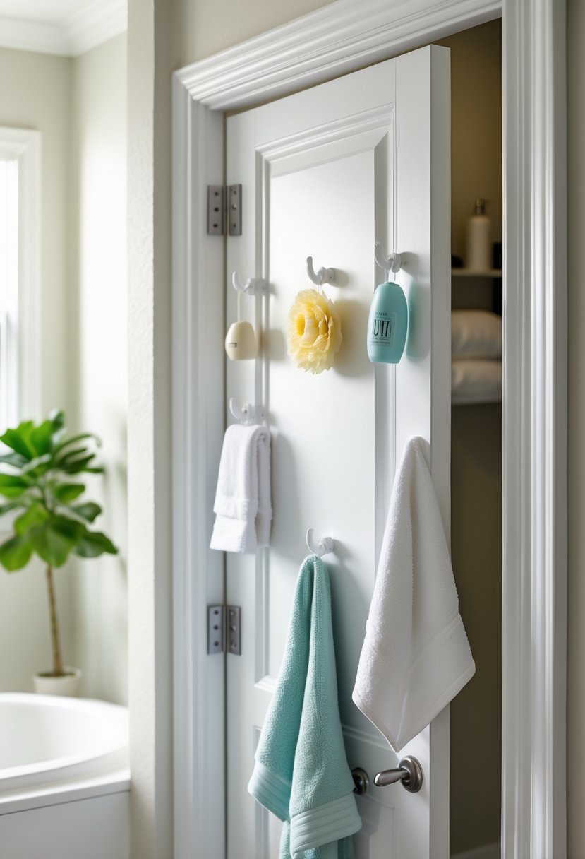 Back of a bathroom door with adhesive hooks holding a towel, loofah, and bathrobe in a small bathroom.