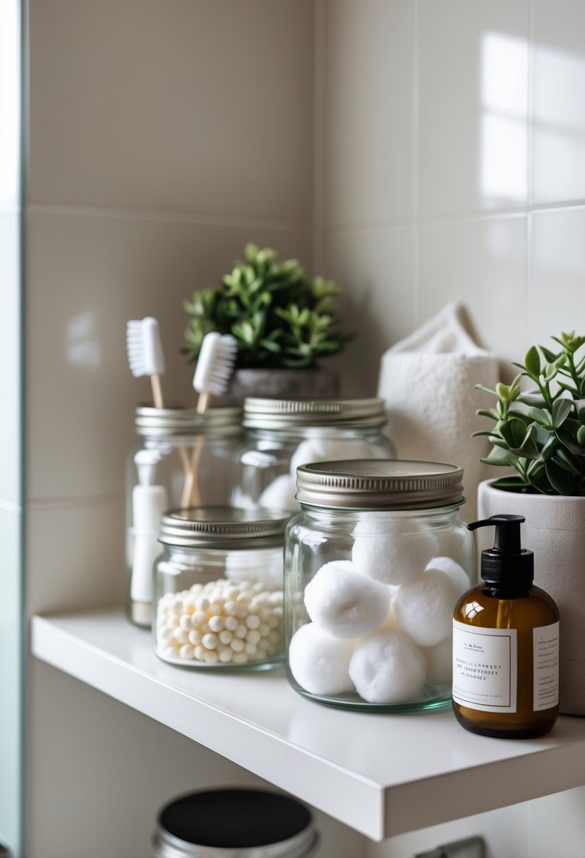 A small bathroom shelf with glass jars holding cotton balls, bath salts, and cotton swabs, accompanied by a plant, towel, and candle.